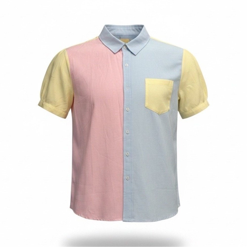 Men's Multicolor Colorblock Woven Polyester Short Sleeve Point Collar Button-Up